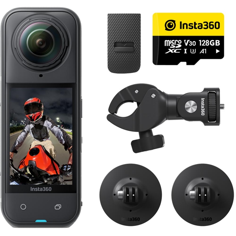 Paquete de motocicleta Insta360 X5 con cámara de acción negra