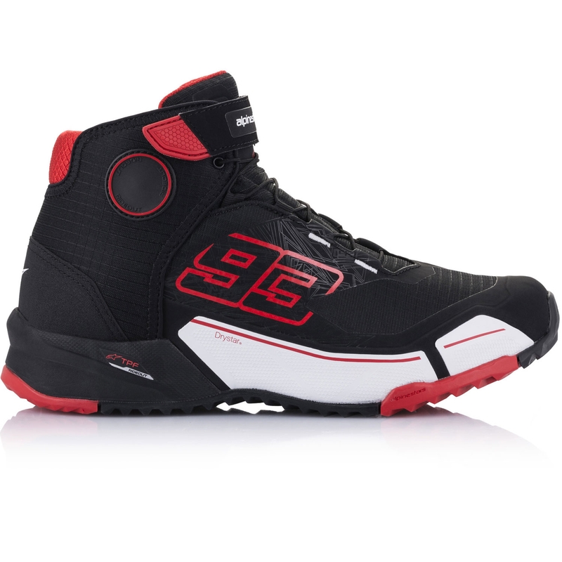 Botas de moto Alpinestars CR-X Drystar MM93, colección en negro, rojo y blanco.
