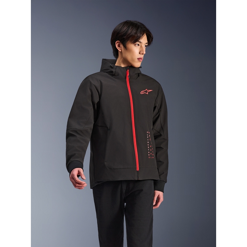 Sudadera de moto Alpinestars RADIUM TECH con capucha, color negro y rojo.