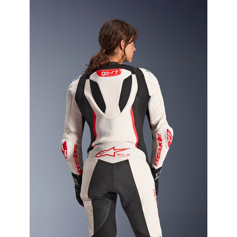 Mono de moto de cuero de una pieza para mujer Alpinestars Stella GP-R7 blanco-rojo flúor-negro
