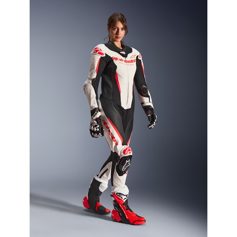 Mono de moto de cuero de una pieza para mujer Alpinestars Stella GP-R7 blanco-rojo flúor-negro