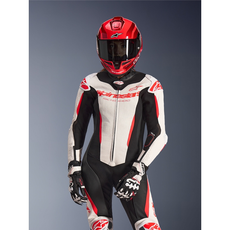 Mono de moto de cuero de una pieza para mujer Alpinestars Stella GP-R7 blanco-rojo flúor-negro