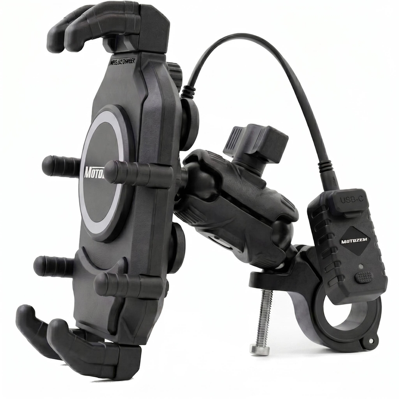 Soporte antivibración MotoZem Claw PRO con cargador inalámbrico y toma USB-C, color negro.