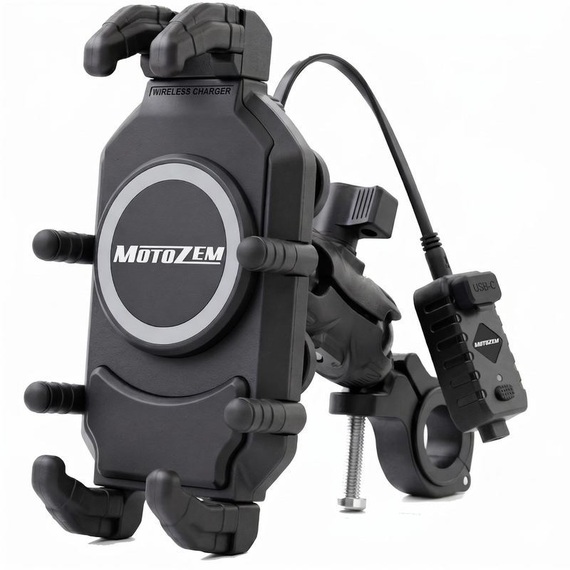 Soporte antivibración MotoZem Claw PRO con cargador inalámbrico y toma USB-C, color negro.