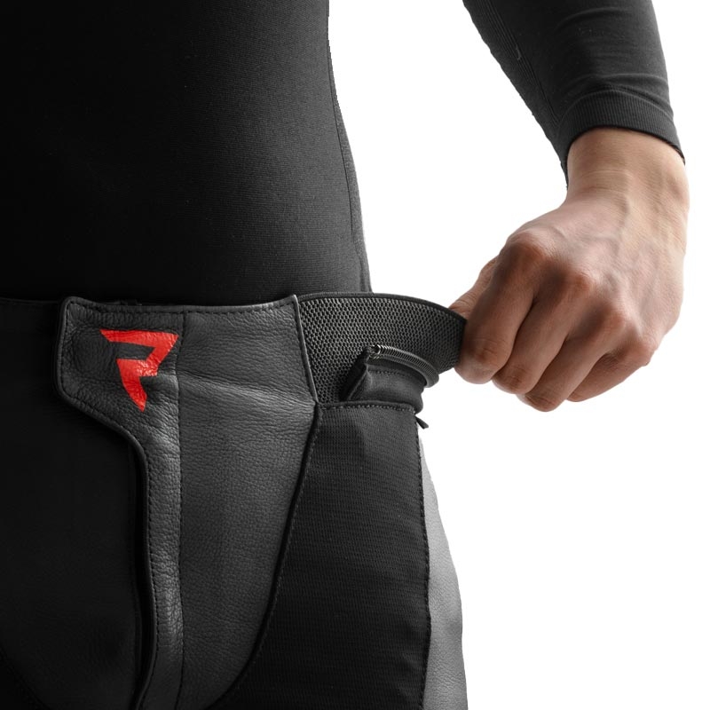 Pantalones de moto de cuero Rebelhorn Inferno negro-rojo flúor