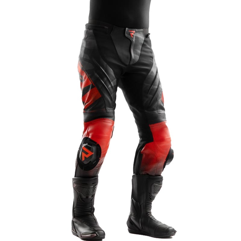 Pantalones de moto de cuero Rebelhorn Inferno negro-rojo flúor