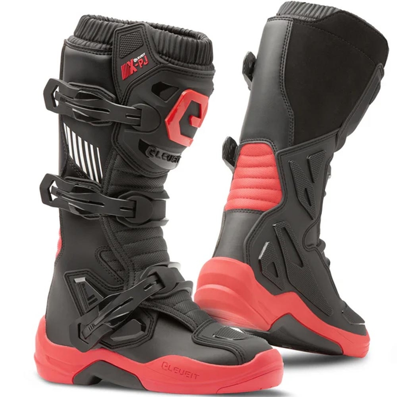 Botas de motocross Eleveit X-Peak para niños, color negro y rojo.