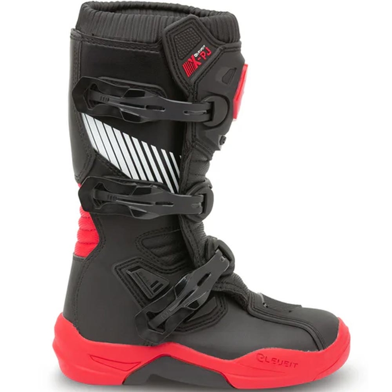 Botas de motocross Eleveit X-Peak para niños, color negro y rojo.