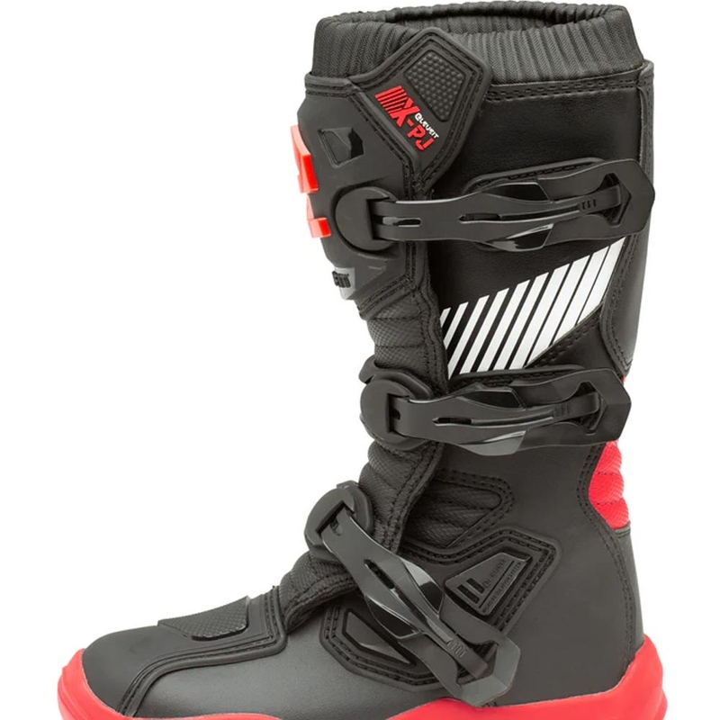 Botas de motocross Eleveit X-Peak para niños, color negro y rojo.
