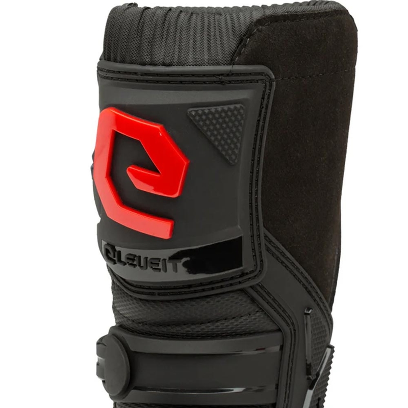 Botas de motocross Eleveit X-Peak para niños, color negro y rojo.