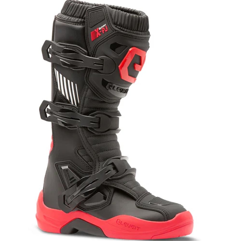 Botas de motocross Eleveit X-Peak para niños, color negro y rojo.
