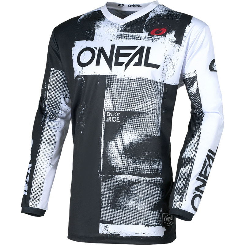 Camiseta de motocross O'Neal Element Roller en blanco y negro.