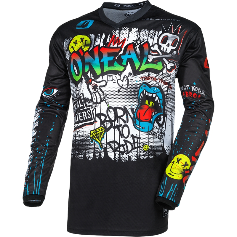Camiseta de motocross O'Neal Element Rancid en blanco y negro.