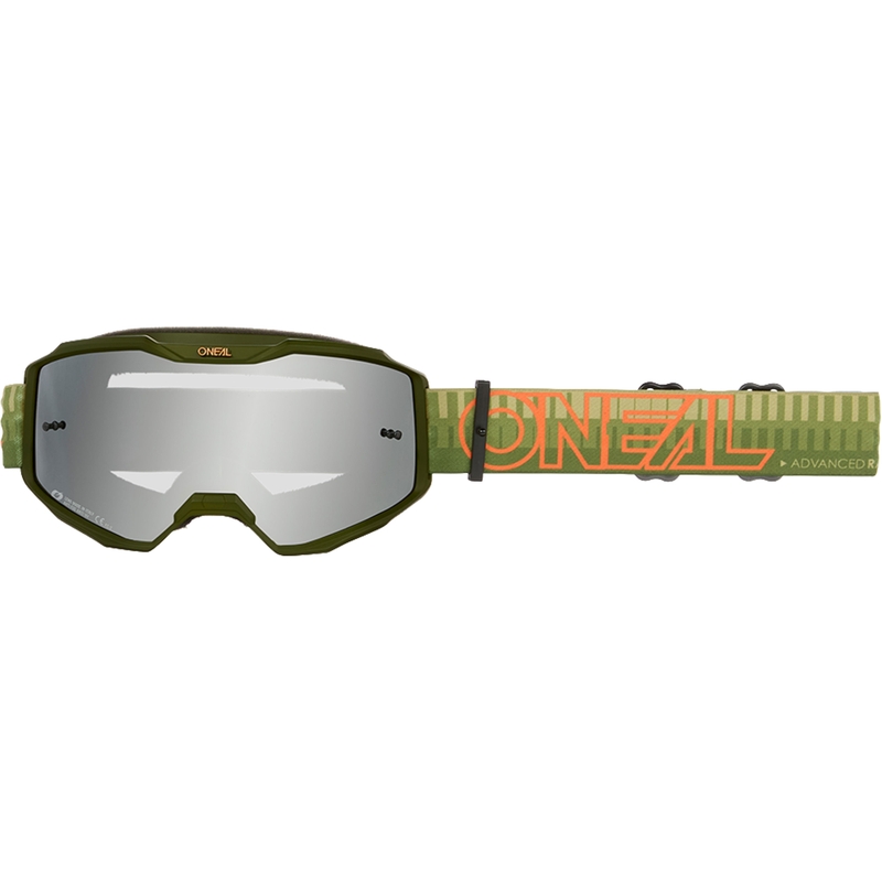 Gafas de motocross O´Neal B-10 a rayas verde-naranja (plexiglás plateado espejo)