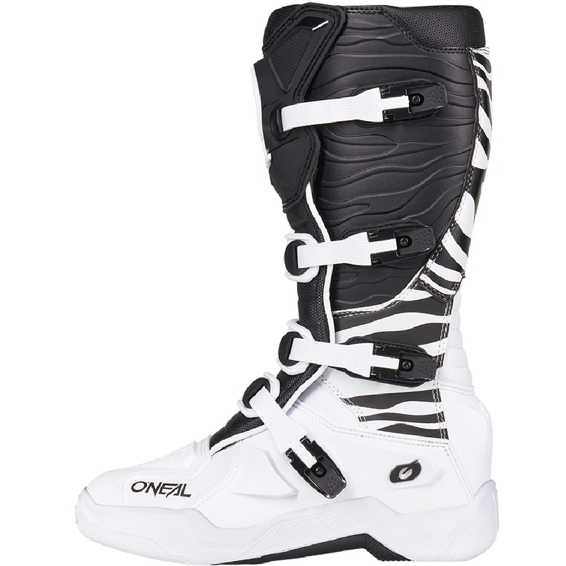 Botas de motocross O'Neal 3SRS Zebra, color negro y blanco.