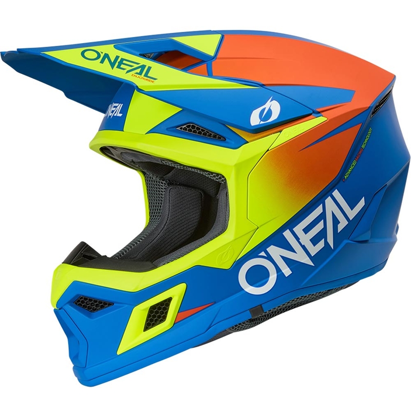 Casco de motocross infantil O'Neal 3SRS, color azul mate sólido con amarillo flúor.