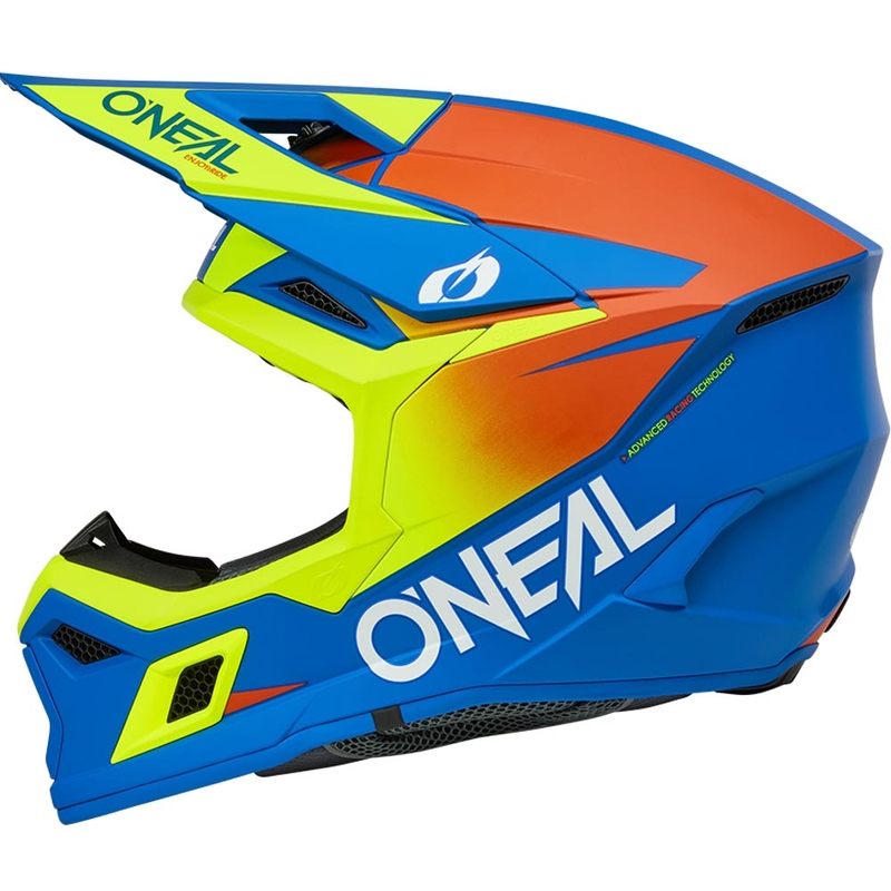 Casco de motocross infantil O'Neal 3SRS, color azul mate sólido con amarillo flúor.