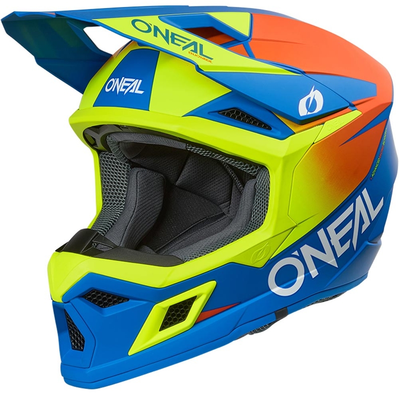 Casco de motocross infantil O'Neal 3SRS, color azul mate sólido con amarillo flúor.