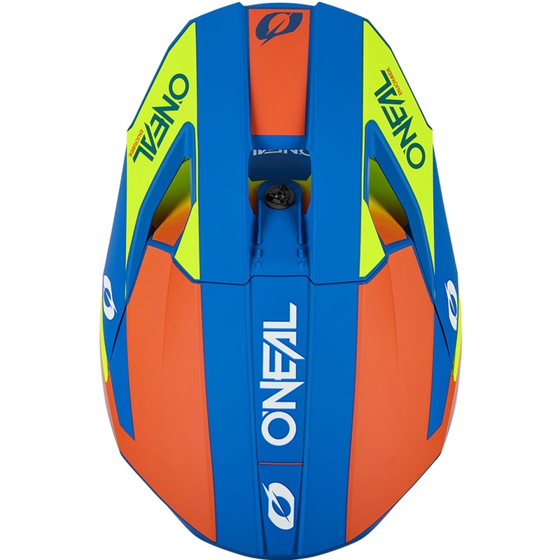 Casco de motocross infantil O'Neal 3SRS, color azul mate sólido con amarillo flúor.