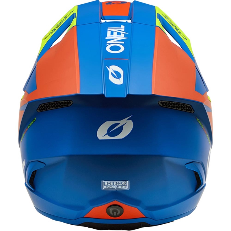 Casco de motocross infantil O'Neal 3SRS, color azul mate sólido con amarillo flúor.