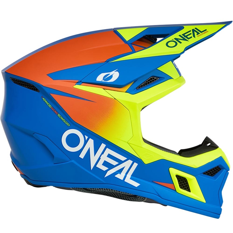 Casco de motocross infantil O'Neal 3SRS, color azul mate sólido con amarillo flúor.