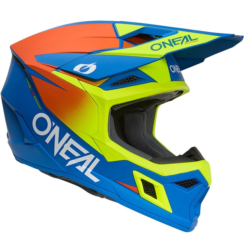 Casco de motocross infantil O'Neal 3SRS, color azul mate sólido con amarillo flúor.