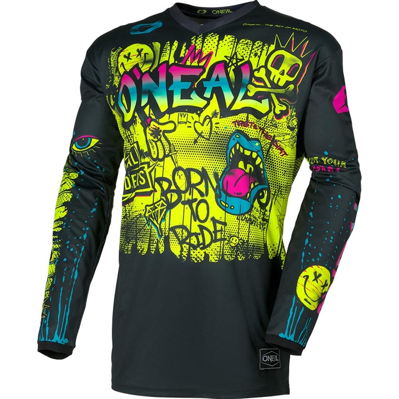 Camiseta de motocross infantil O'Neal Element Rancid, color negro y amarillo flúor.
