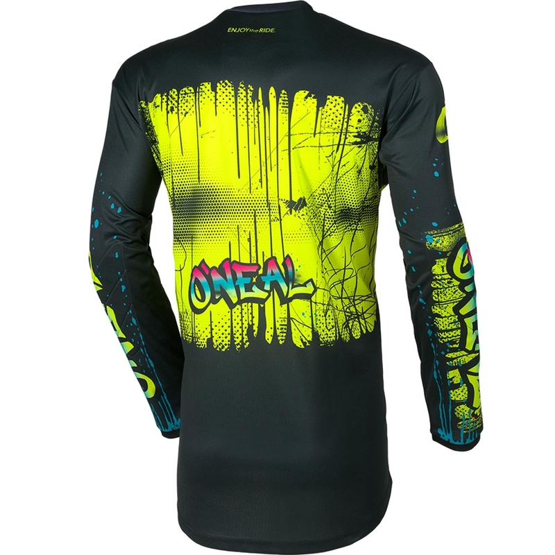 Camiseta de motocross infantil O'Neal Element Rancid, color negro y amarillo flúor.