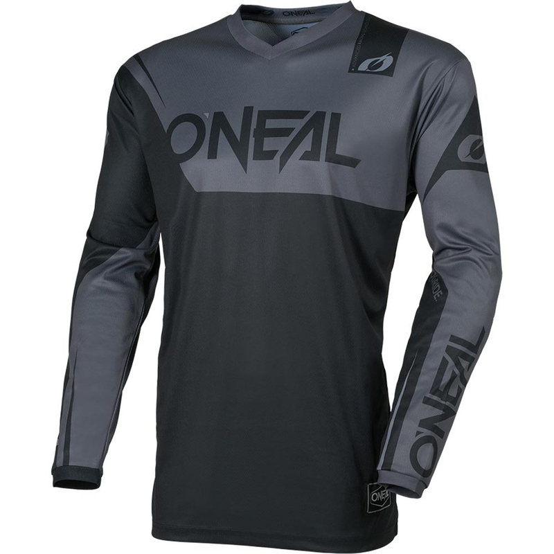 Camiseta de motocross infantil O'Neal Element Racewear, color negro y gris.