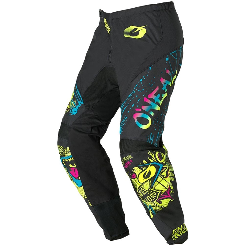 Pantalones de motocross O'Neal Element Rancid para niños, color negro y amarillo flúor.