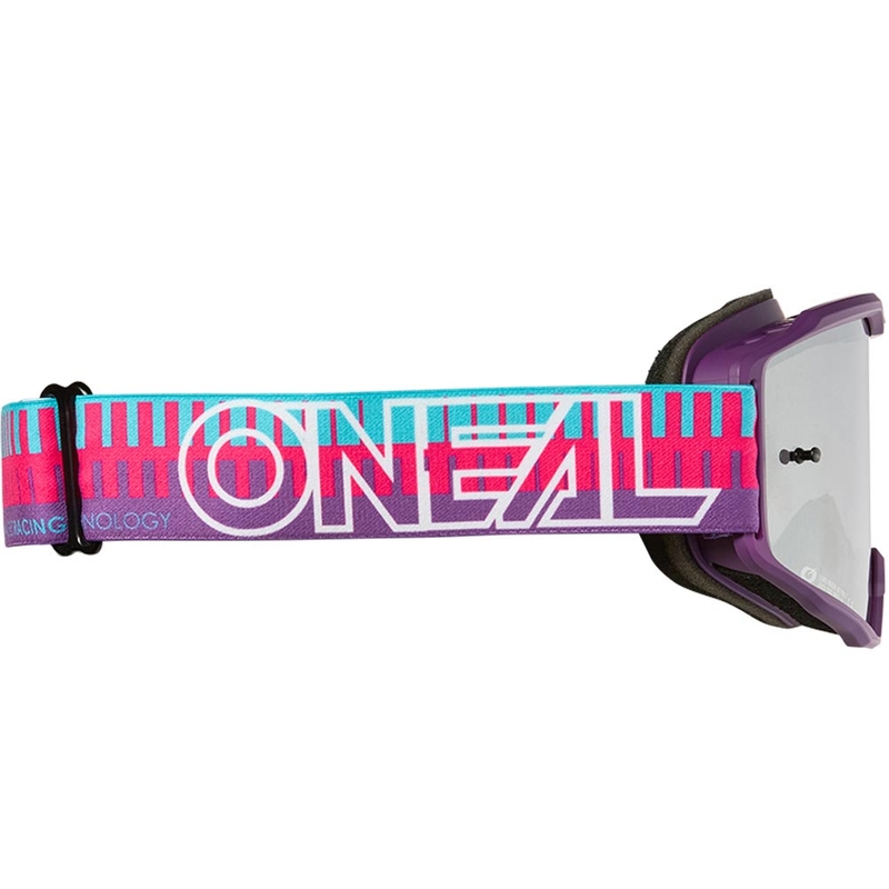 Gafas de motocross O'Neal B-10 a rayas para niños, color rosa y morado.