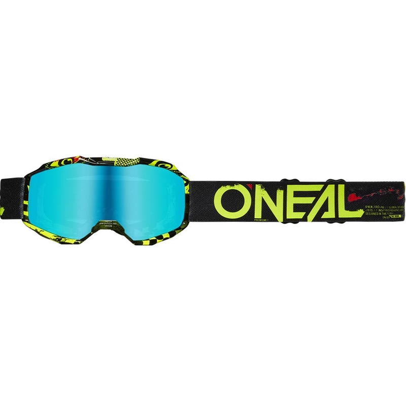 Gafas de motocross para niños O'Neal B-10 Attack, color negro-amarillo flúor con plexiglás azul iridio.
