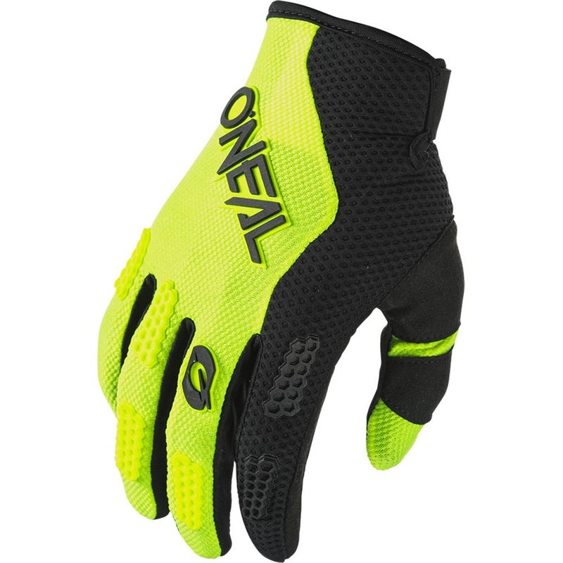 Guantes de motocross para niños O´Neal Element Racewear, color negro y amarillo flúor.