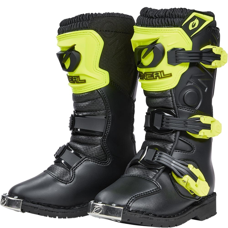 Botas de motocross O'Neal Rider PRO para niños, color negro y amarillo flúor.