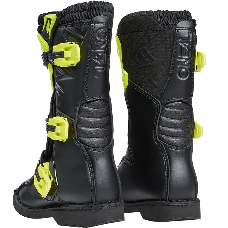 Botas de motocross O'Neal Rider PRO para niños, color negro y amarillo flúor.