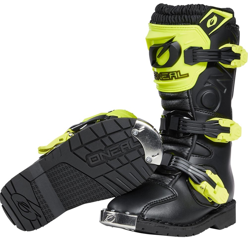 Botas de motocross O'Neal Rider PRO para niños, color negro y amarillo flúor.