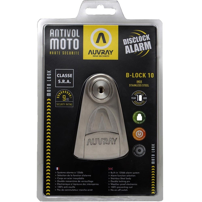 Candado de disco de freno Auvray B-Lock 10 con alarma de 120 dB, acero plateado