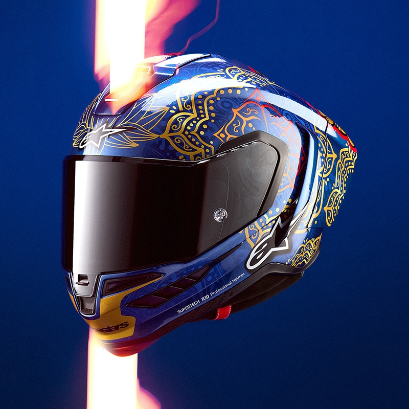 Casco integral de moto Alpinestars Supertech R10 Marthainator edición limitada JORGE MARTIN azul perla oro rojo