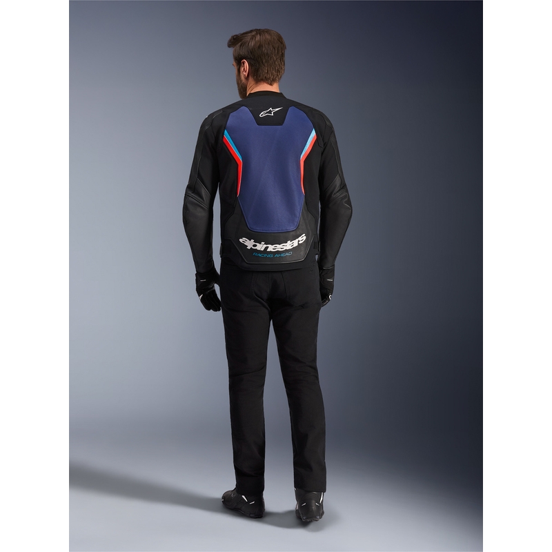 Chaqueta de moto de cuero Alpinestars GP Force V2 en negro, azul y rojo flúor.