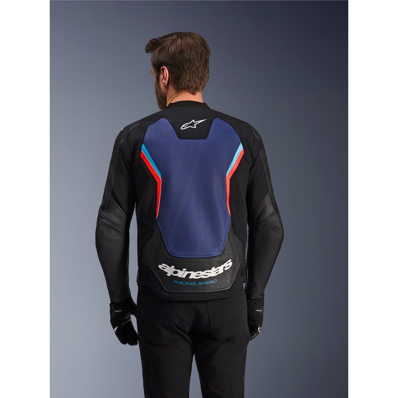 Chaqueta de moto de cuero Alpinestars GP Force V2 en negro, azul y rojo flúor.