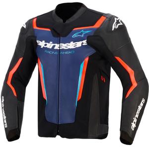Chaqueta de moto de cuero Alpinestars GP Force V2 en negro, azul y rojo flúor.