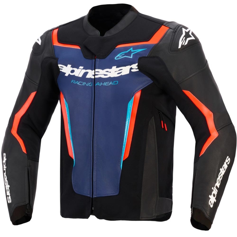 Chaqueta de moto de cuero Alpinestars GP Force V2 en negro, azul y rojo flúor.