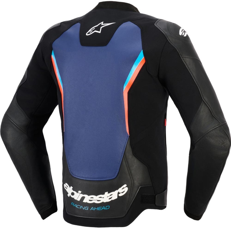 Chaqueta de moto de cuero Alpinestars GP Force V2 en negro, azul y rojo flúor.