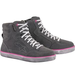Botas de moto impermeables Alpinestars J-6 para mujer, color gris claro-rosa.