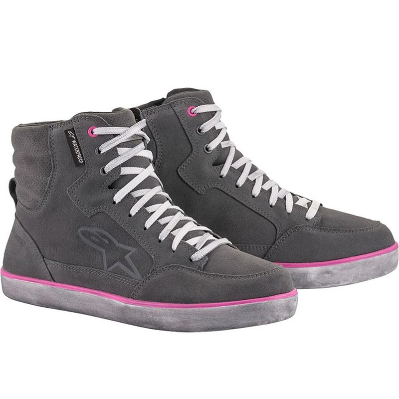 Botas de moto impermeables Alpinestars J-6 para mujer, color gris claro-rosa.