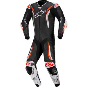 Mono de moto de cuero Alpinestars GP TECH V5 de una pieza, negro, blanco y rojo flúor.
