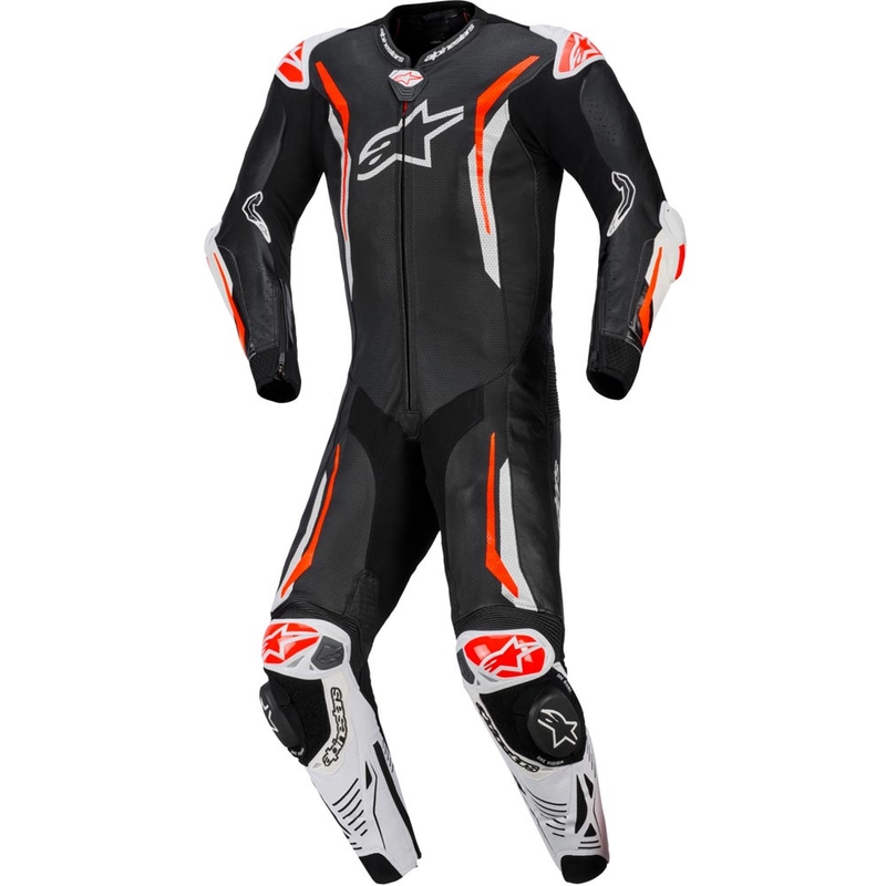 Mono de moto de cuero Alpinestars GP TECH V5 de una pieza, negro, blanco y rojo flúor.
