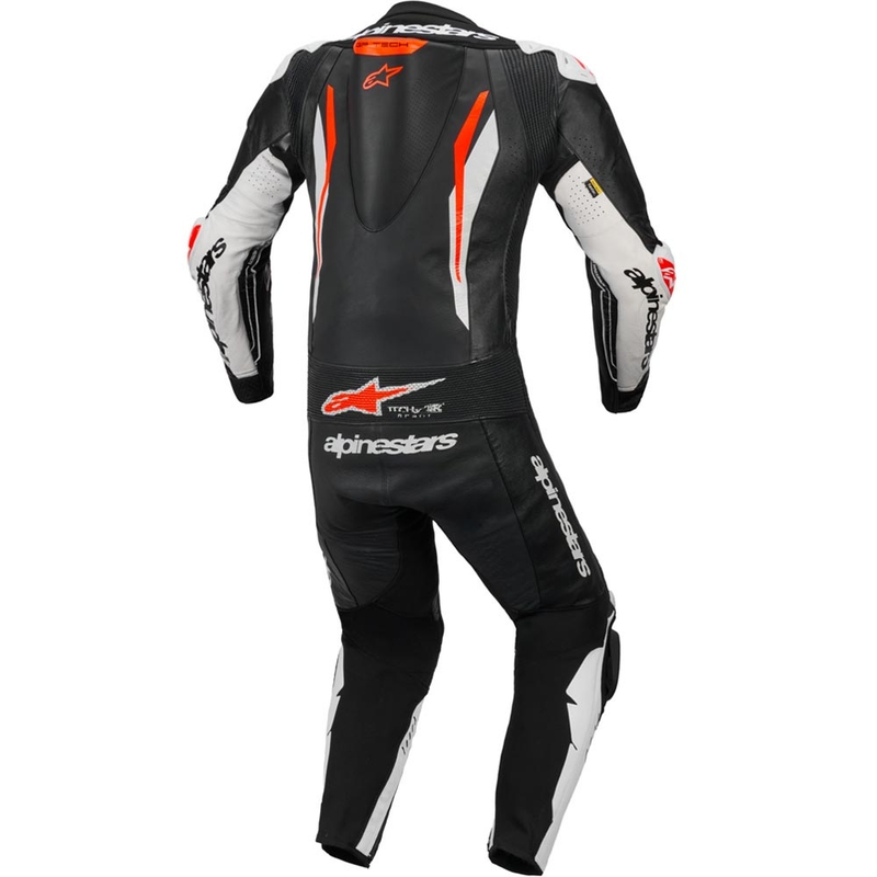 Mono de moto de cuero Alpinestars GP TECH V5 de una pieza, negro, blanco y rojo flúor.