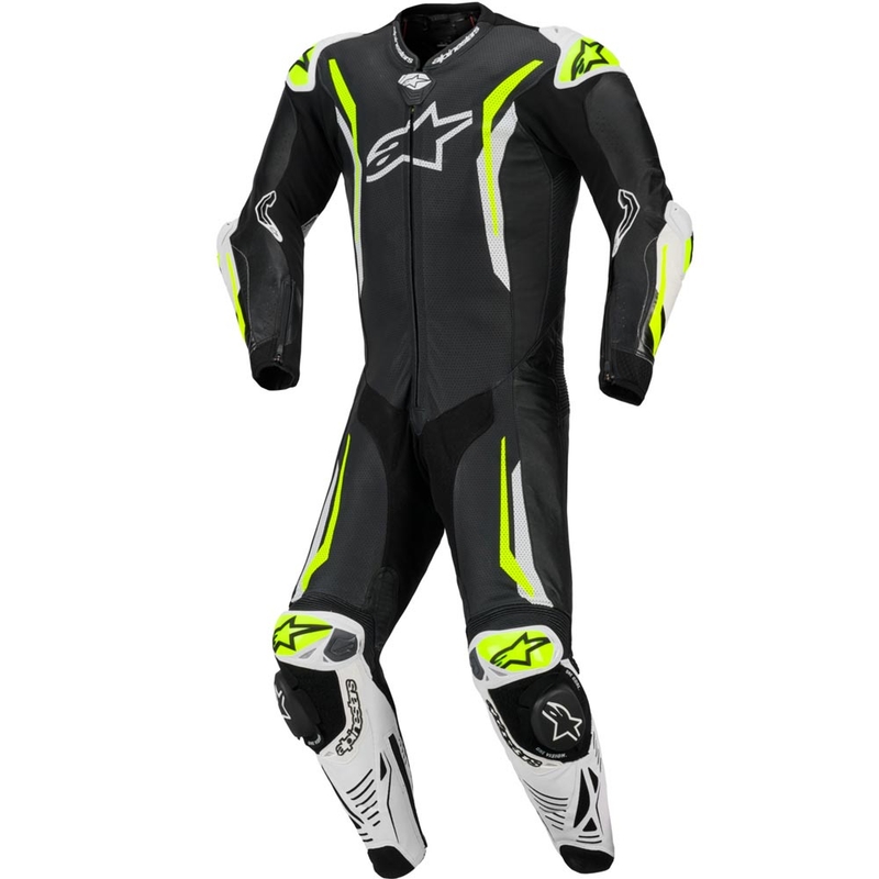 Mono de moto Alpinestars GP TECH V5 de una pieza, de cuero, color negro, blanco y amarillo flúor.