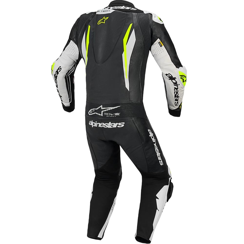 Mono de moto Alpinestars GP TECH V5 de una pieza, de cuero, color negro, blanco y amarillo flúor.